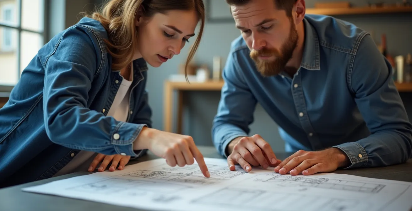Client et métallier échangeant autour de plans techniques sur table de travail