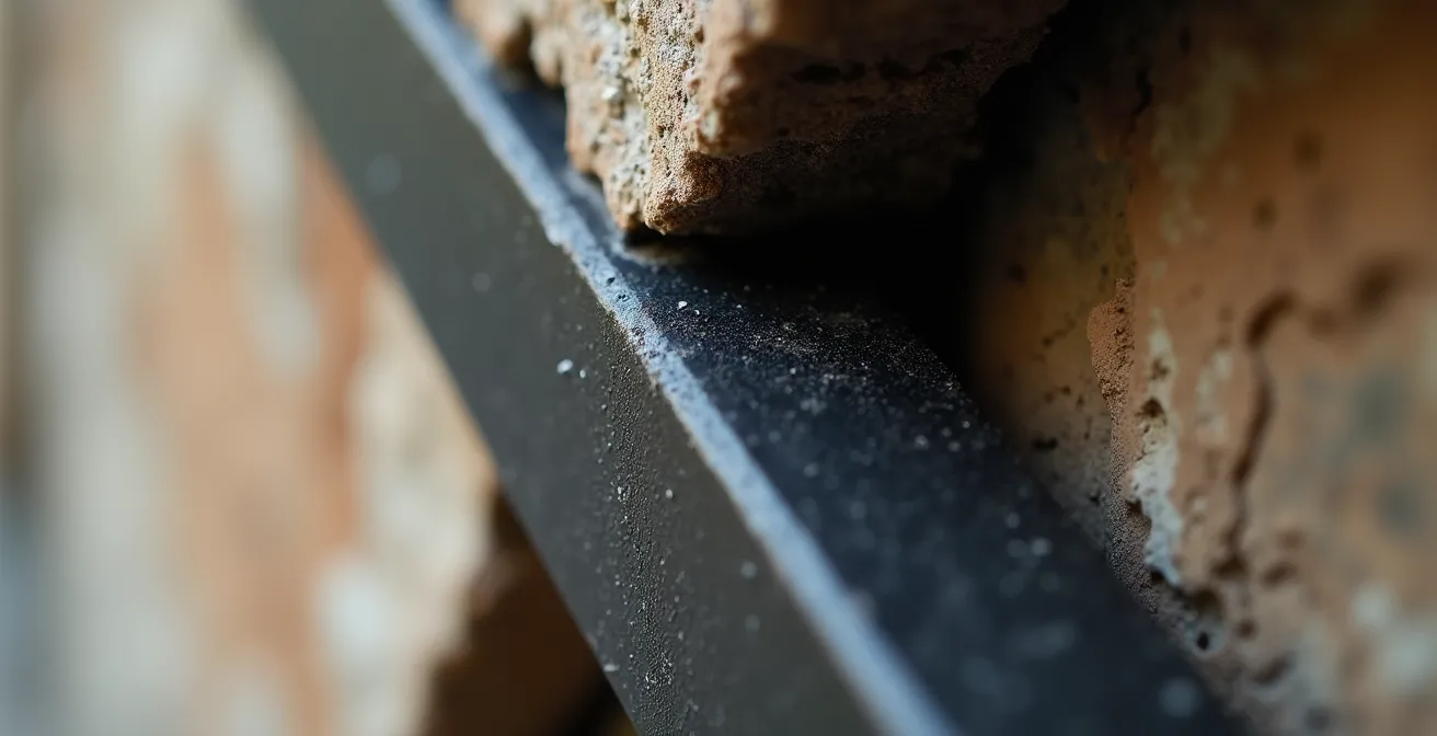 Détail architectural montrant la jonction précise entre une structure acier et un mur en tuffeau