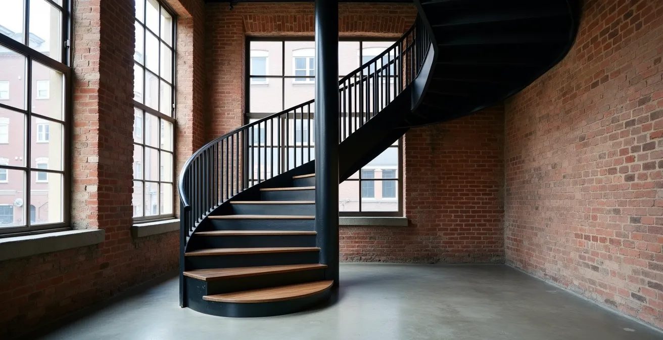 Escalier hélicoïdal en métal sur mesure dans un loft industriel
