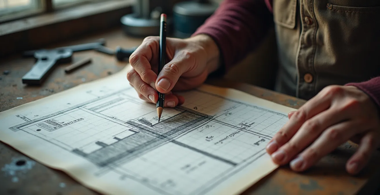 Mains d'artisan métallier esquissant un projet sur papier technique