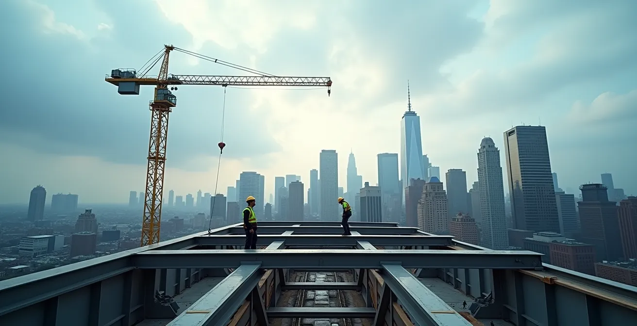 Vue d'ensemble d'un chantier avec structures métalliques en cours d'installation