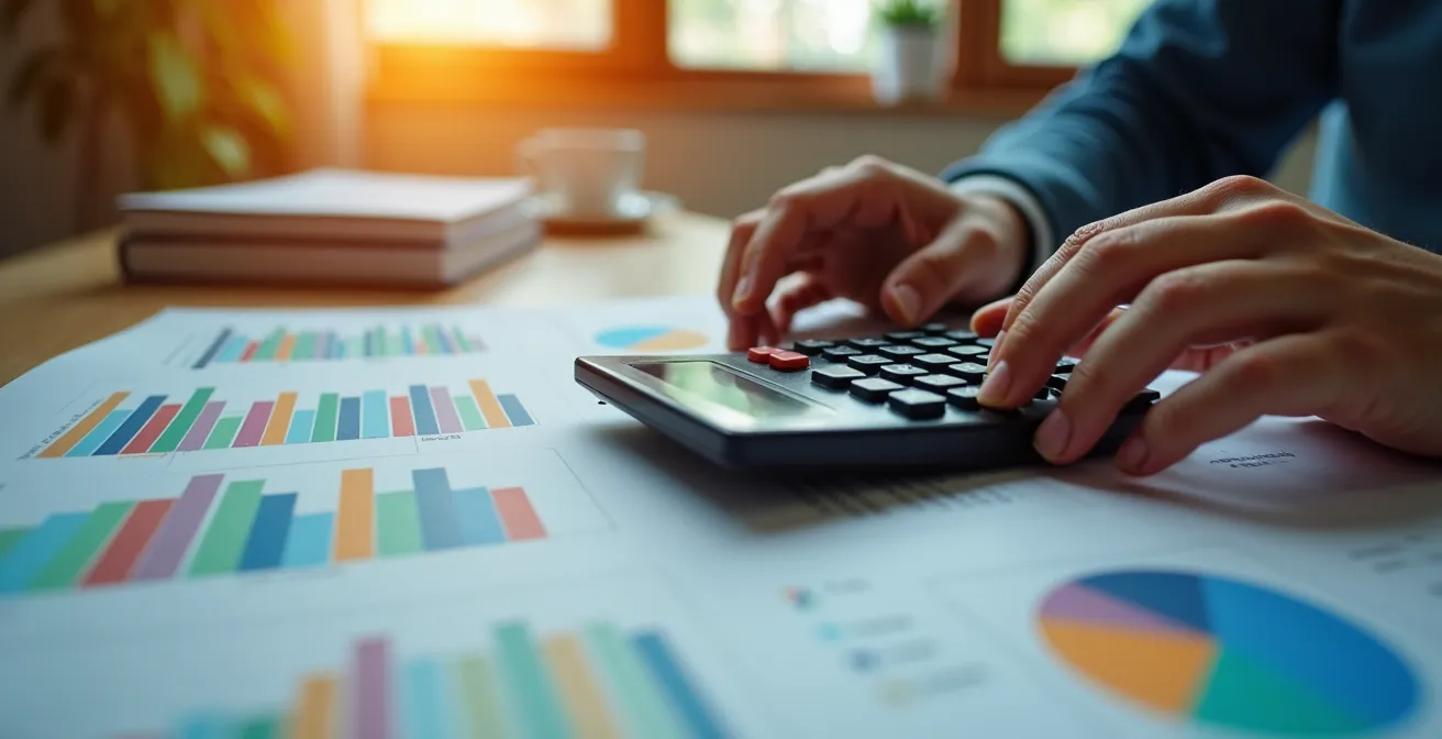 Main tenant une calculatrice près de factures d'énergie et graphiques colorés