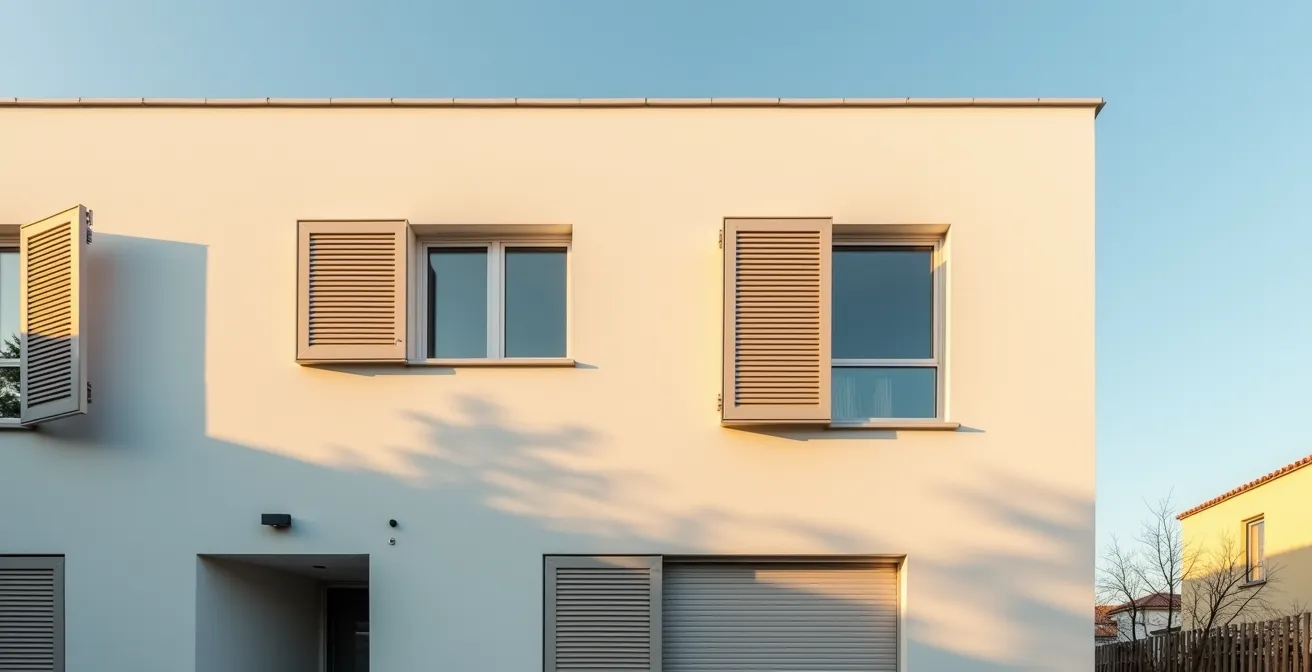 Maison avec volets partiellement ouverts montrant l'adaptation selon l'orientation solaire