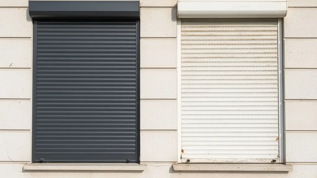 Comparaison volet roulant aluminium neuf et volet PVC jauni côte à côte