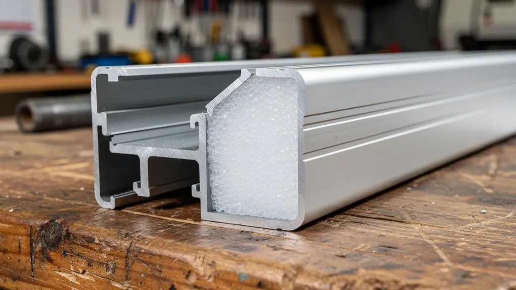 Coupe transversale lame volet roulant aluminium 39mm avec mousse polyuréthane visible