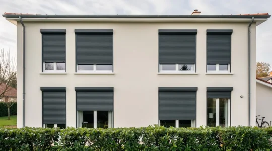 Façade maison rénovée équipée de volets roulants aluminium gris anthracite fermés