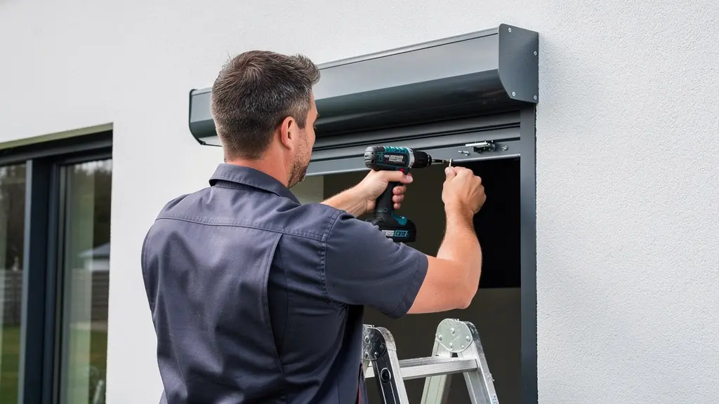 Technicien installant un coffre volet roulant rénovation aluminium en applique sur façade
