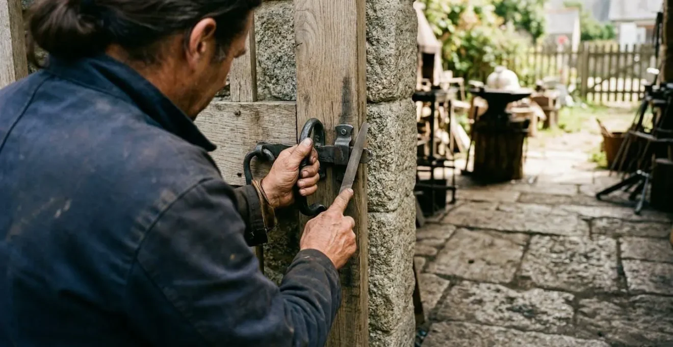 Mains d'un artisan manipulant des outils de précision près d'un pilier de portail en pierre, avec un sol granitique visible sous un cadrage rapproché