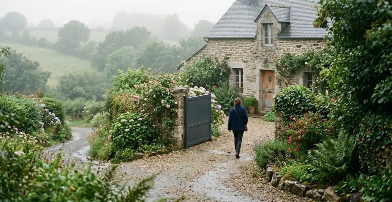Une entrée de maison bretonne avec un portail aluminium moderne entrebâillé sur un terrain légèrement pentu, verdure autour, ambiance matinale brumeuse