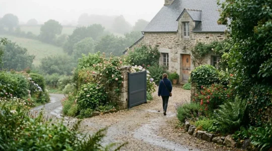 Une entrée de maison bretonne avec un portail aluminium moderne entrebâillé sur un terrain légèrement pentu, verdure autour, ambiance matinale brumeuse
