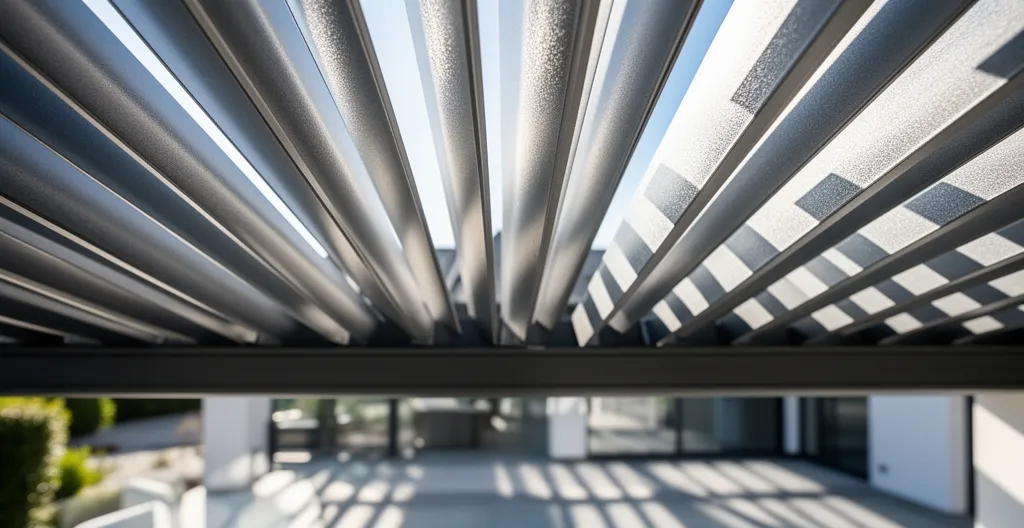 Détail des lames orientables d'une pergola bioclimatique filtrant la lumière
