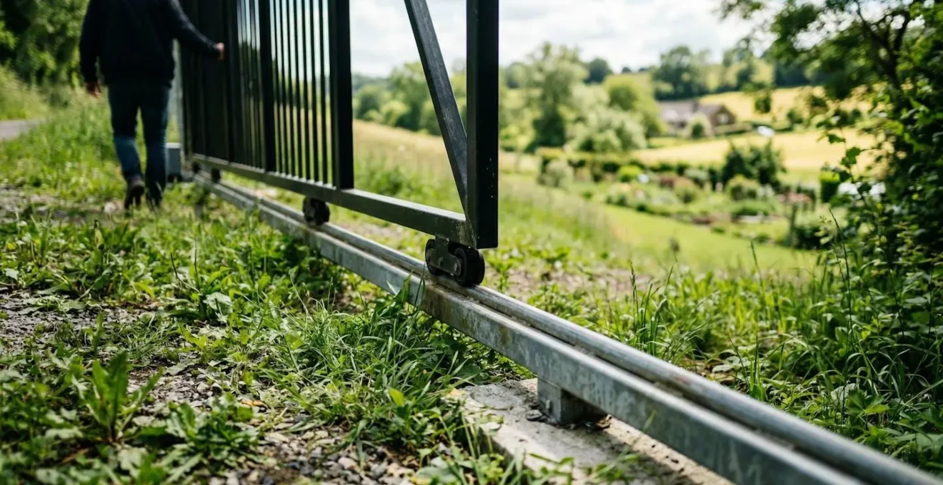 Rails métalliques d'un portail coulissant posés sur un terrain en pente, avec de l'herbe de chaque côté et un arrière-plan flouté