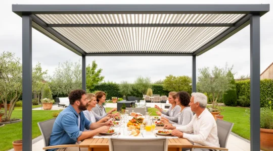 Famille profitant d'un repas sous pergola bioclimatique sur terrasse résidentielle