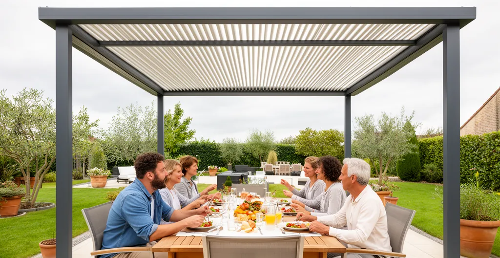 Famille profitant d'un repas sous pergola bioclimatique sur terrasse résidentielle