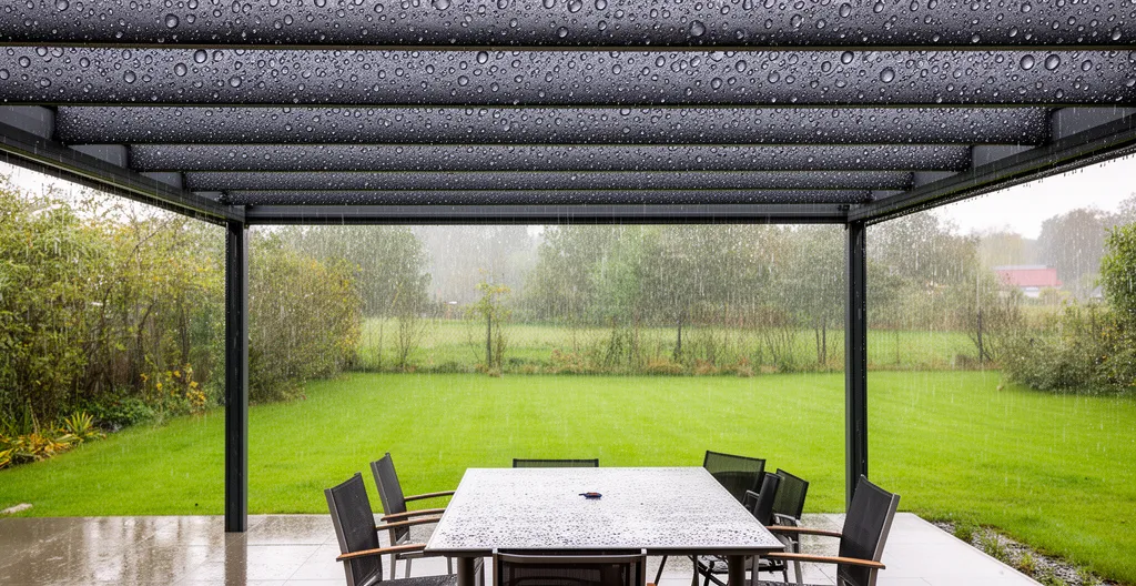 Vue sous pergola bioclimatique fermée par jour de pluie légère protégeant le mobilier de jardin
