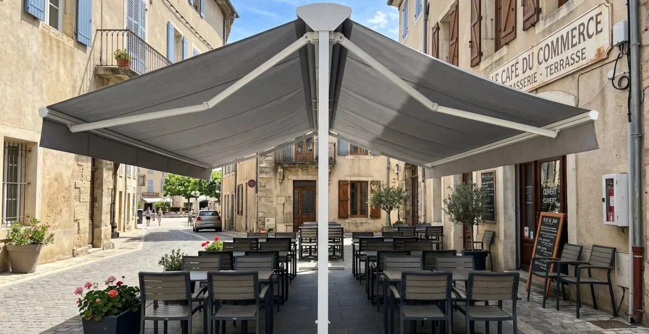 Terrasse de café contemporain avec store double pente déployé créant deux zones d'ombre symétriques sous armature aluminium blanche