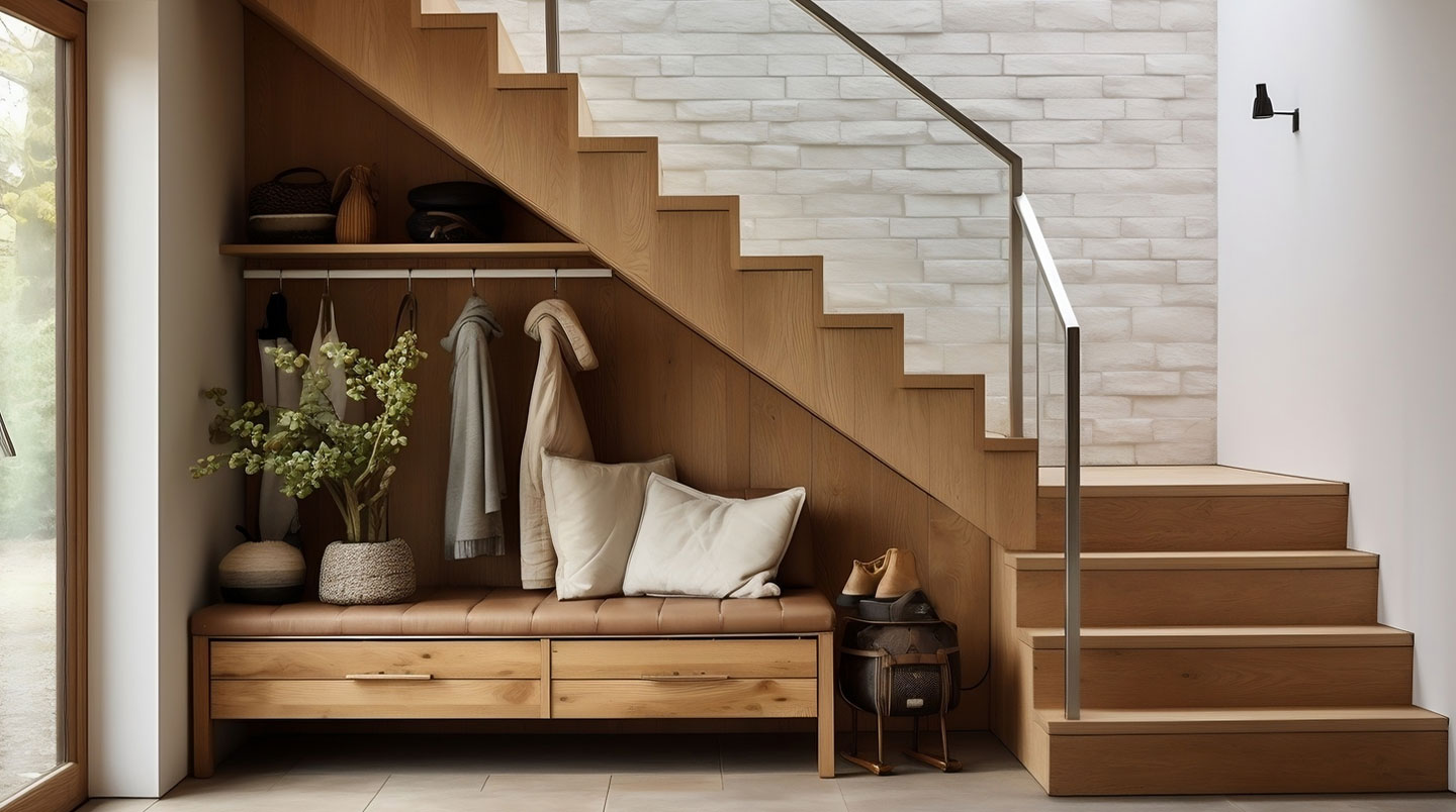 Détail d'un escalier quart tournant en métal avec rampe, vue de l'angle de rotation, intérieur résidentiel moderne