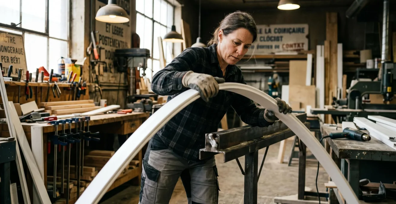 Artisan québécois façonnant une courbe fluide dans une section de PVC Azek blanc sur gabarit métallique dans un atelier professionnel