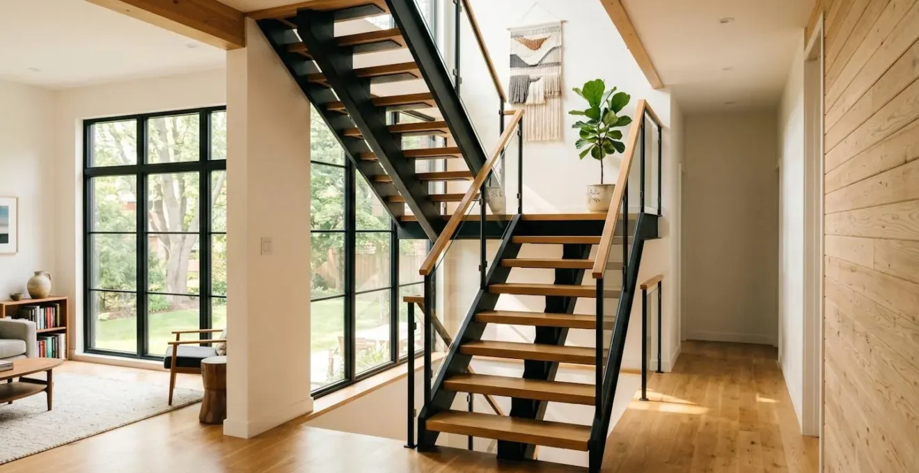 Vue intérieure d'un escalier métallique quart tournant dans une maison résidentielle au Québec, avec lumière naturelle