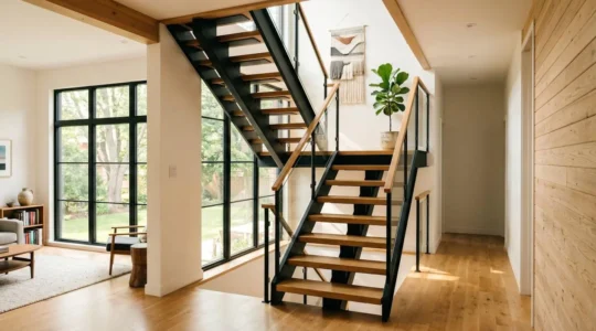 Vue intérieure d'un escalier métallique quart tournant dans une maison résidentielle au Québec, avec lumière naturelle