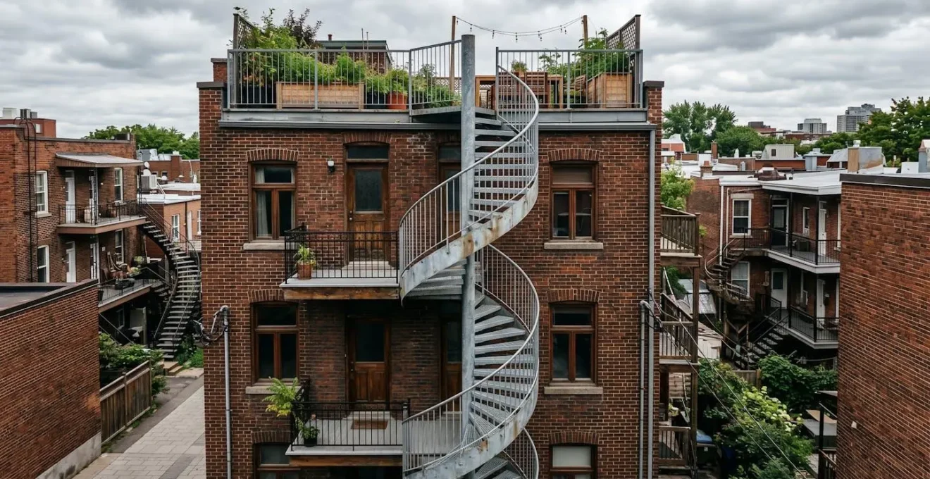 Escalier hélicoïdal en acier galvanisé installé sur une façade extérieure urbaine, donnant accès à une terrasse