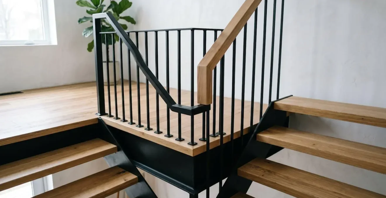 Détail d'un escalier quart tournant en métal avec rampe, vue de l'angle de rotation, intérieur résidentiel moderne
