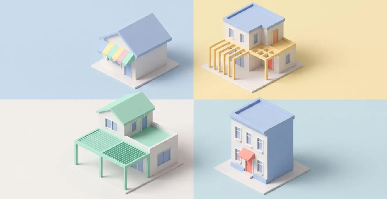 Illustration 3D isométrique de quatre maisons miniatures stylisées, chacune équipée d'une solution d'ombrage différente selon le profil utilisateur