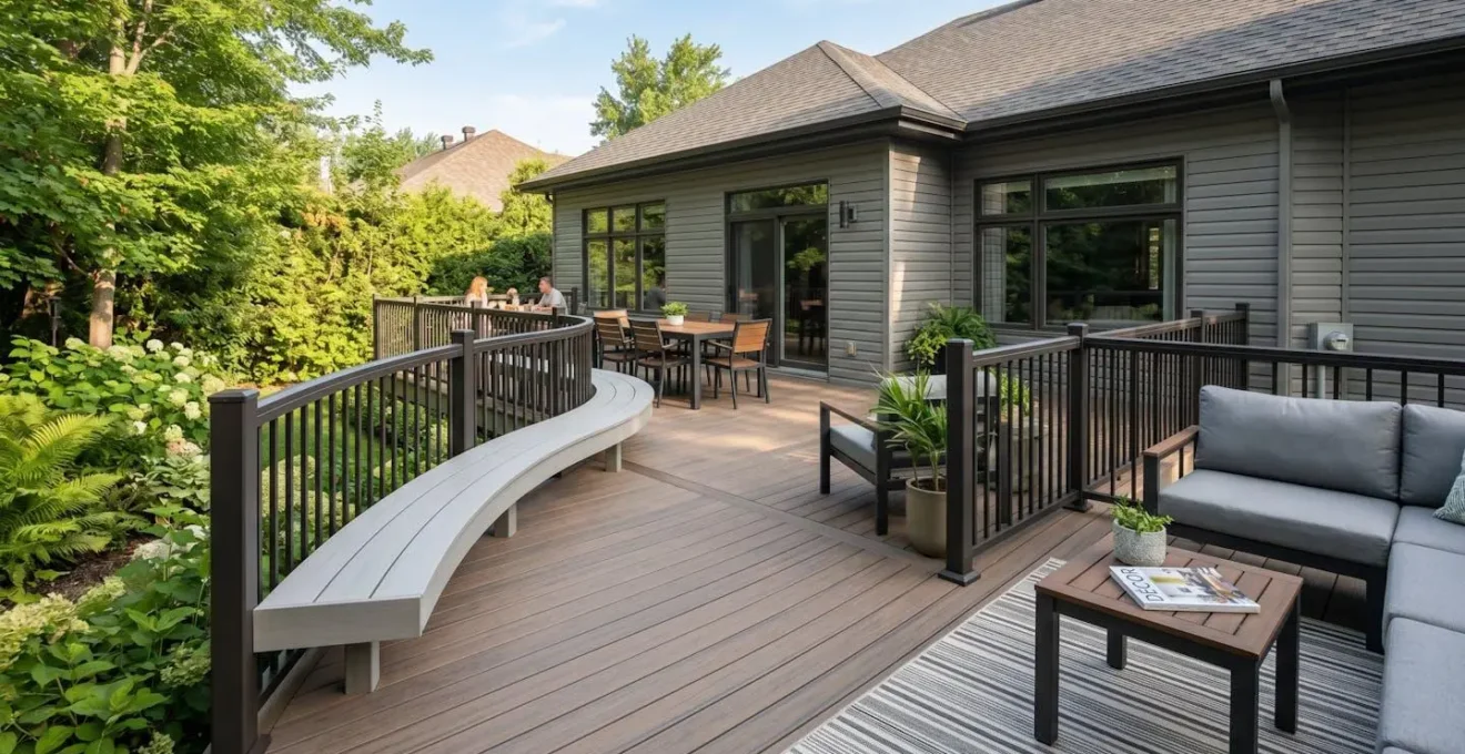 Patio en composite brun-gris avec banquette courbe en PVC intégrée, installé devant une maison contemporaine canadienne entourée de végétation mature québécoise