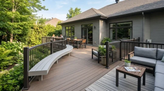 Patio en composite brun-gris avec banquette courbe en PVC intégrée, installé devant une maison contemporaine canadienne entourée de végétation mature québécoise