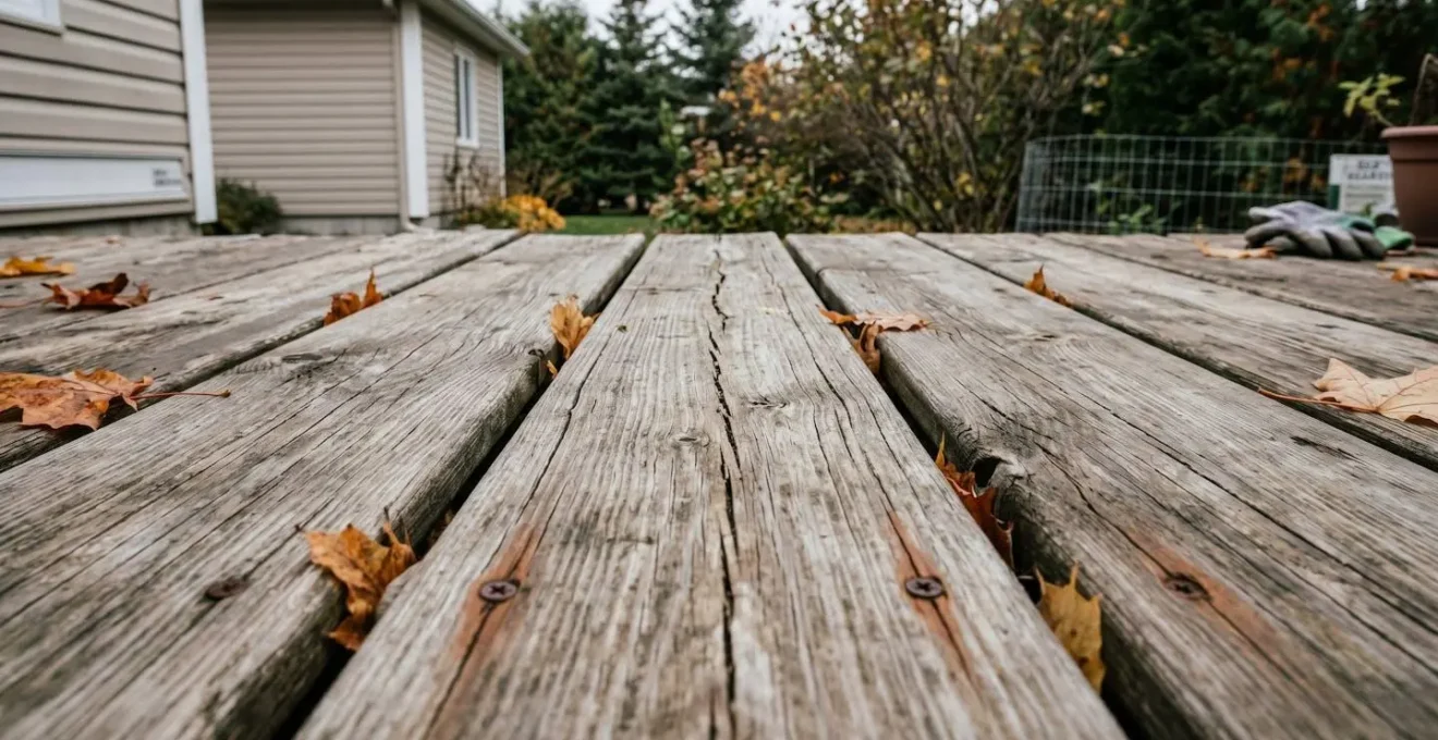 Planches de patio en bois traité présentant fissures longitudinales, décoloration grisâtre et gondolement après plusieurs hivers québécois