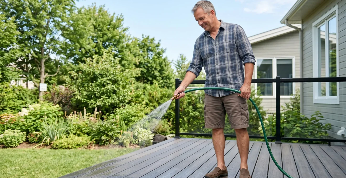 Propriétaire souriant nettoyant facilement son patio en composite avec un simple boyau d'arrosage lors d'une journée estivale au Québec