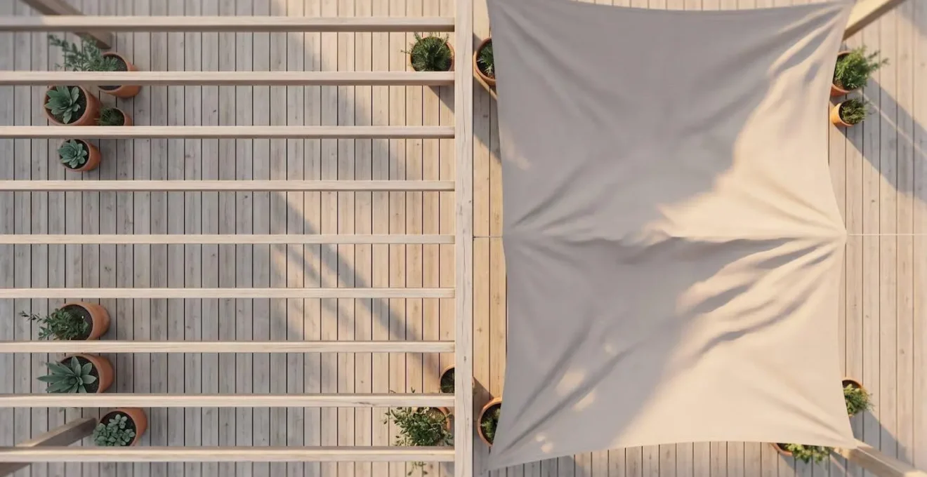 Vue aérienne d'une terrasse en bois divisée en deux zones : à gauche ombre géométrique de lames fixes, à droite toile souple ondulante, illustrant la dualité pergola vs store banne