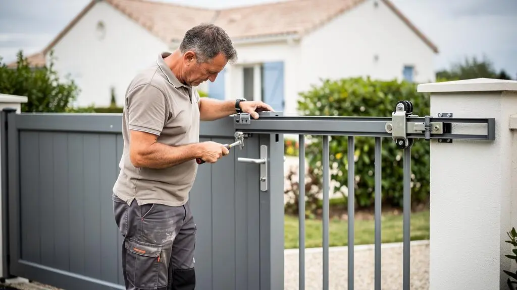 Menuisier professionnel installant un portail coulissant à l'entrée d'une propriété en Vendée
