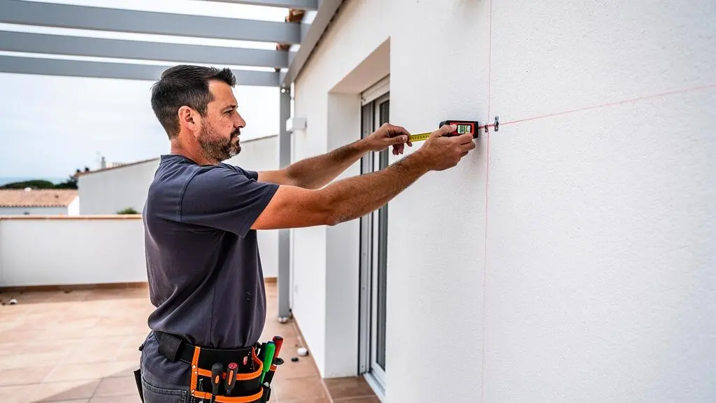 Menuisier prenant des mesures précises pour l'installation d'une pergola sur une terrasse vendéenne