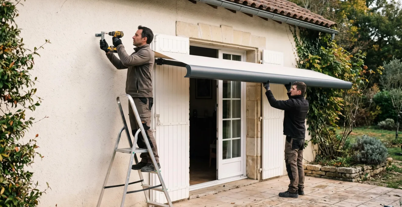 Deux techniciens fixent le cassette d'un store banne de grande largeur sur la façade d'une maison, l'un sur un escabeau, l'autre maintenant l'extrémité.